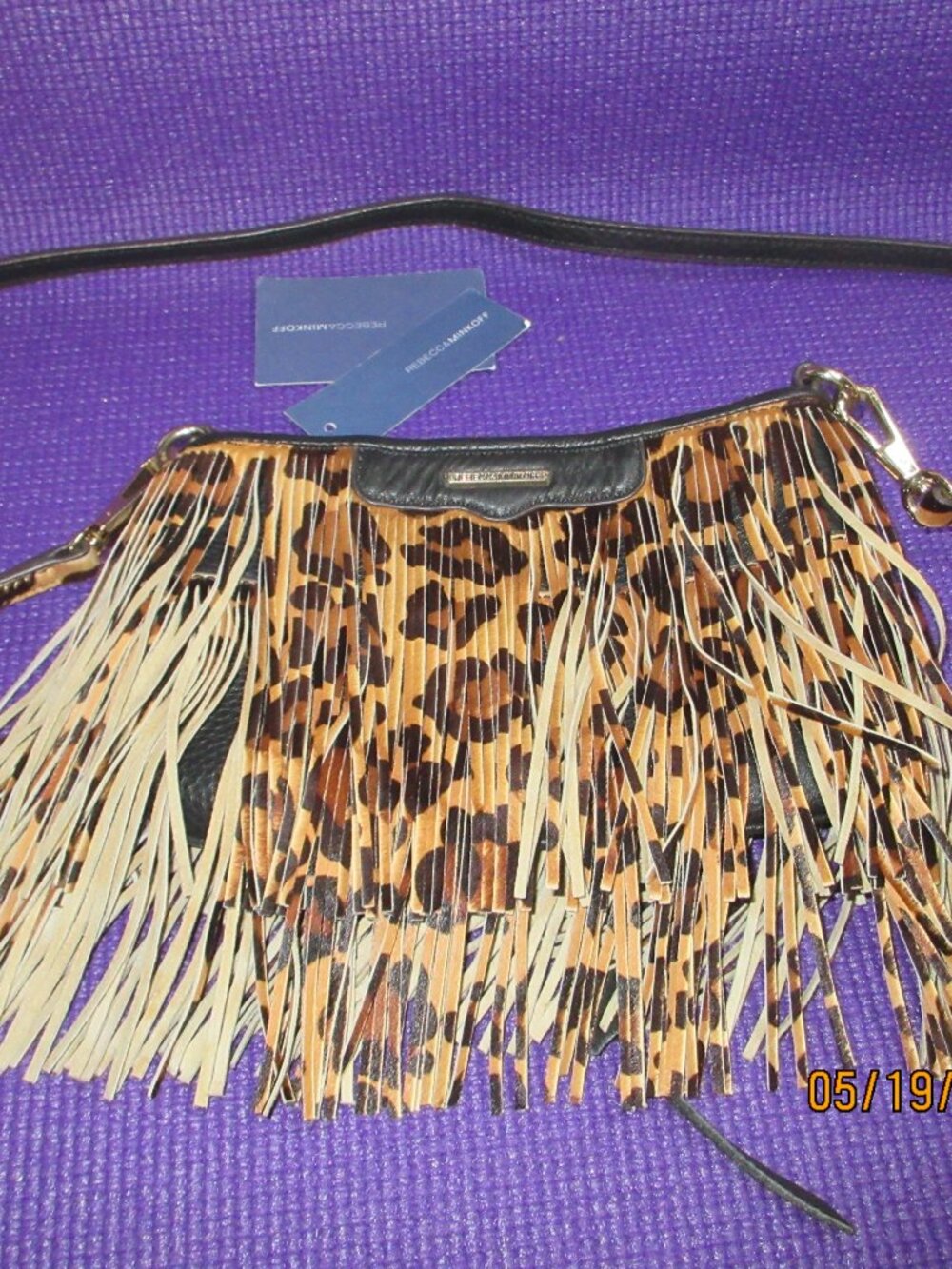 REBECCA MINKOFF~"FINN" LEOPARD PRINTED FRINGE OVER BLACK LEATHER CROSSBODY BAG - Picture 9 of 10